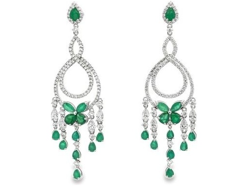 18K White Gold Chandelier Earrings with Natural Round Diamonds, Pear-shaped Diamonds and Emeralds